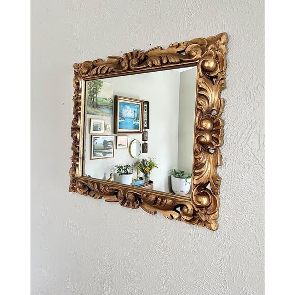 1970's Ornate Rococo style Gold Rectangular Mirror - Picture 2 of 9